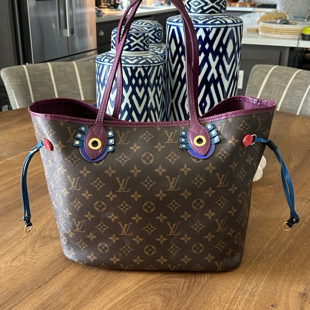 Louis Vuitton Monogram Neverfull Tote with Purple Trim and Blue Accents